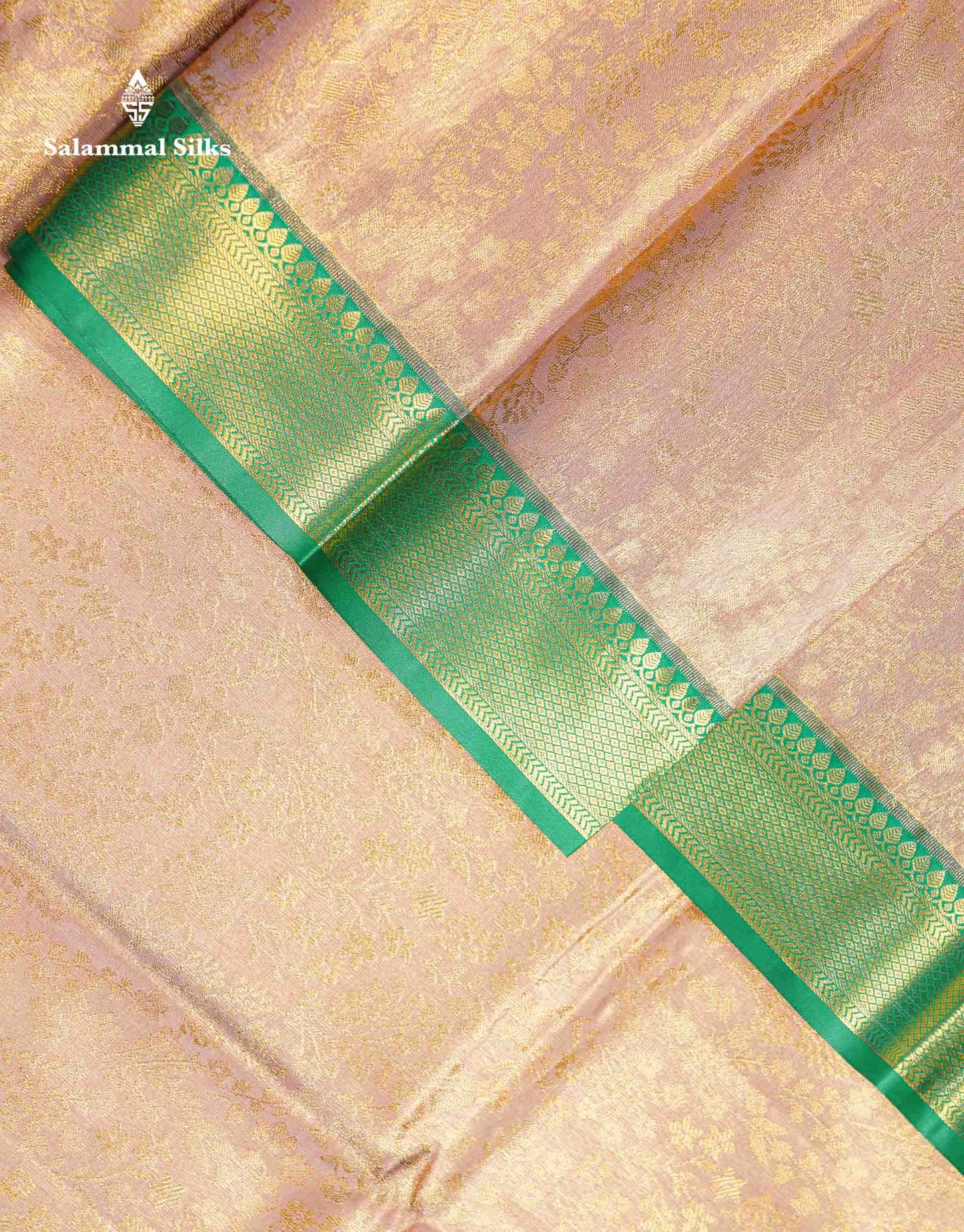 Beautiful Light Peach Tissue Bridal Semi Silk Saree With Contrast Green Traditional Evening Morning Border