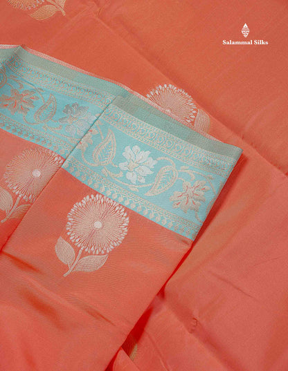 Semi Silk Saree - Peach Colour Body With Contrast Sea Blue Fancy Border