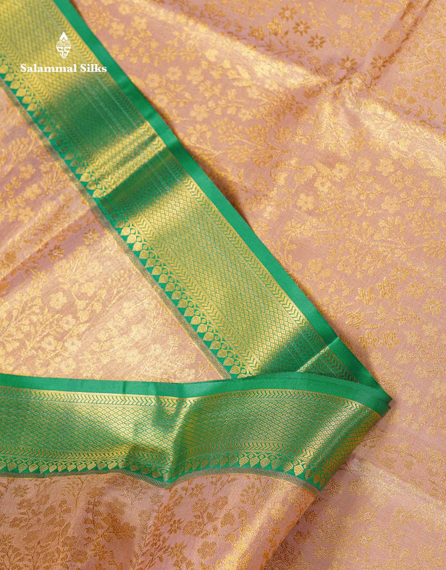 Beautiful Light Peach Tissue Bridal Semi Silk Saree With Contrast Green Traditional Evening Morning Border