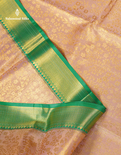 Beautiful Light Peach Tissue Bridal Semi Silk Saree With Contrast Green Traditional Evening Morning Border
