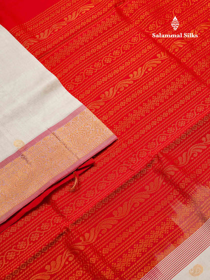 Beautiful White Mango Zari Butta Semi Silk Cotton Saree With Contrast Chilly Red Blouse