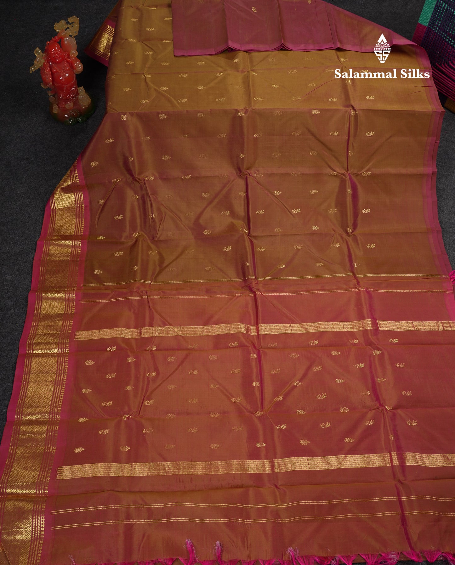 Beautiful Dual Tone Brown Pure Kanjivaram Silk Saree With Contrast Pink One Side Traditional Border