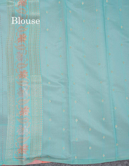 Semi Silk Saree - Peach Colour Body With Contrast Sea Blue Fancy Border