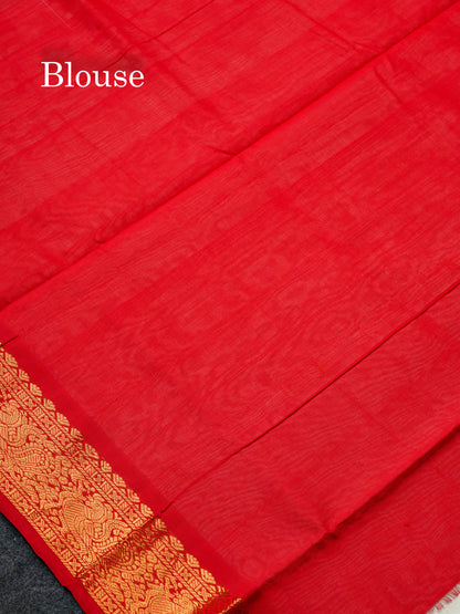 Beautiful White Mango Zari Butta Semi Silk Cotton Saree With Contrast Chilly Red Blouse