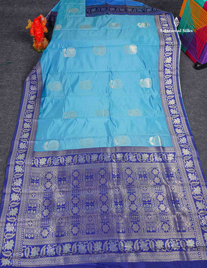 Semi Silk Saree -  Paste Blue Colour Body With Contrast Navy Blue Fancy Border  