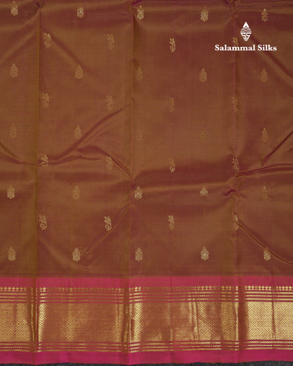 Beautiful Dual Tone Brown Pure Kanjivaram Silk Saree With Contrast Pink One Side Traditional Border