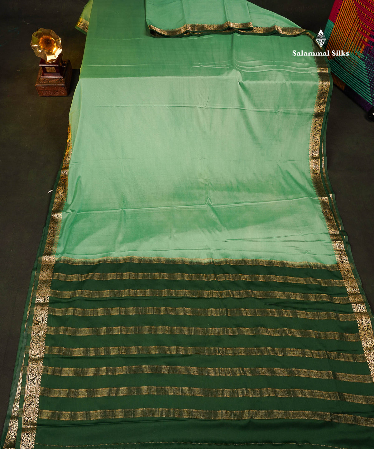 Semi Mysore Silk Saree - Light Green  Colour Body Plain With Contrast Bottle Green  Small Border