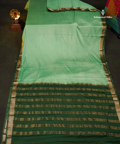 Semi Mysore Silk Saree - Light Green  Colour Body Plain With Contrast Bottle Green  Small Border