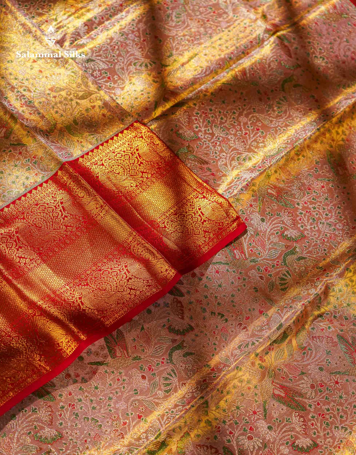 Beautiful Peach Tissue Menakari Work Bridal Pure Kanjivaram Silk Saree With Contrast Chilly Red Traditional Evening Morning Border