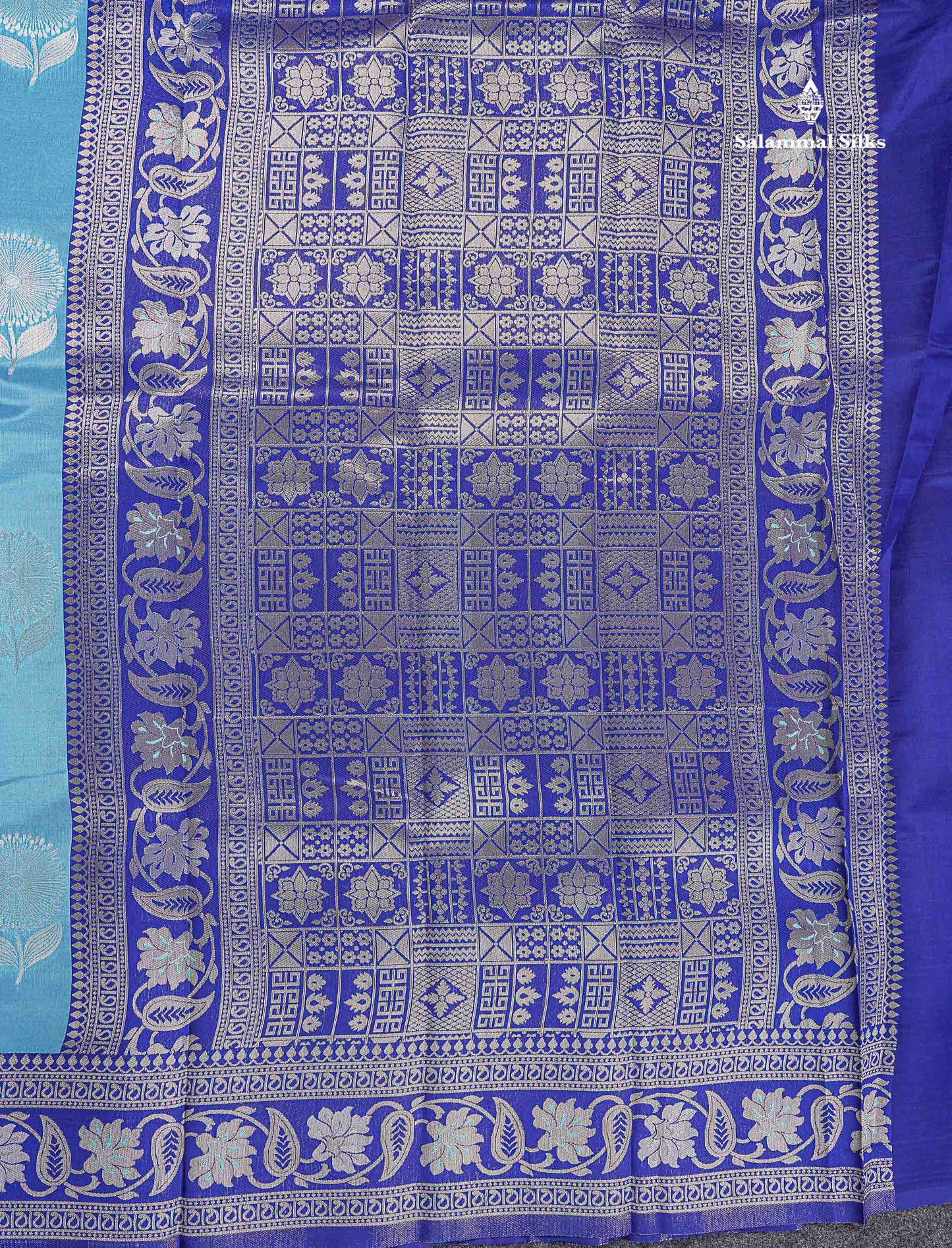 Semi Silk Saree - Peach Colour Body With Contrast Sea Blue Fancy Border