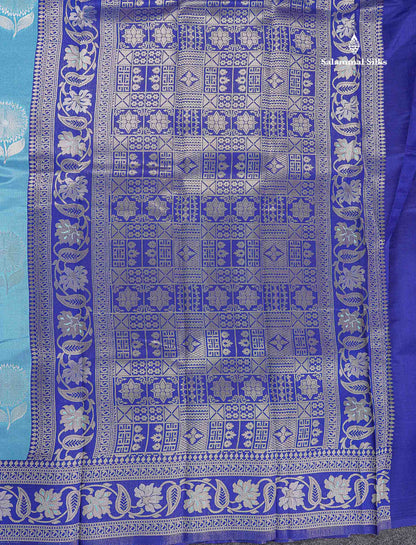 Semi Silk Saree - Peach Colour Body With Contrast Sea Blue Fancy Border