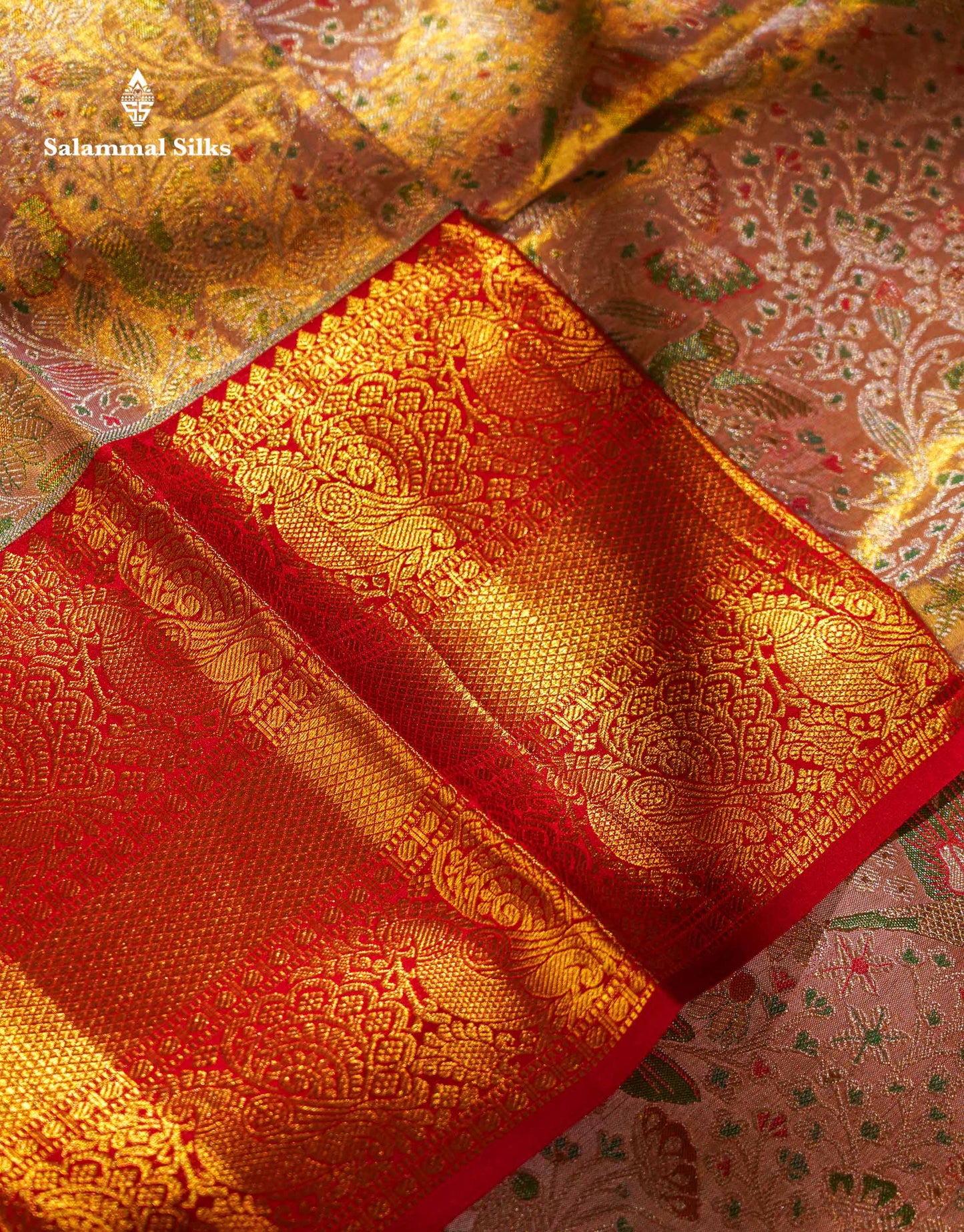 Beautiful Peach Tissue Menakari Work Bridal Pure Kanjivaram Silk Saree With Contrast Chilly Red Traditional Evening Morning Border
