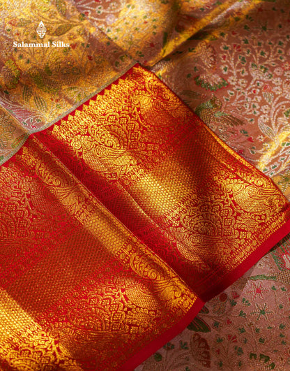 Beautiful Peach Tissue Menakari Work Bridal Pure Kanjivaram Silk Saree With Contrast Chilly Red Traditional Evening Morning Border