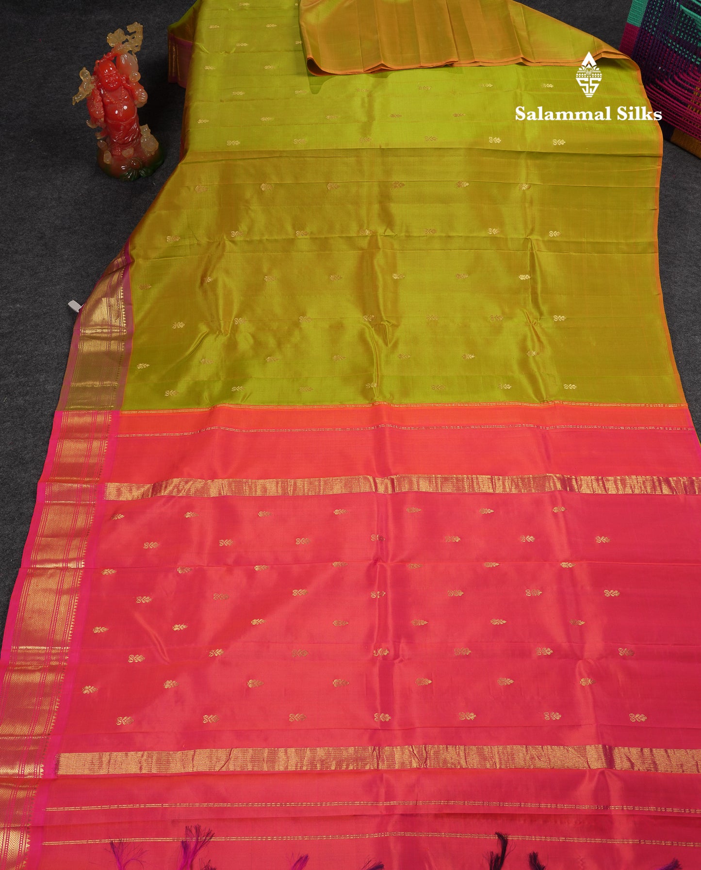 Beautiful Manthulir Yellow Pure Kanjivaram Silk Saree With Contrast Pink One Side Traditional Border