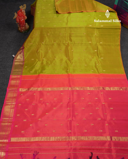 Beautiful Manthulir Yellow Pure Kanjivaram Silk Saree With Contrast Pink One Side Traditional Border
