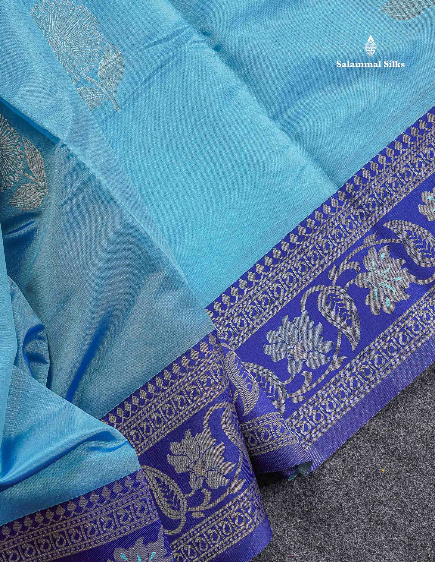 Semi Silk Saree - Peach Colour Body With Contrast Sea Blue Fancy Border