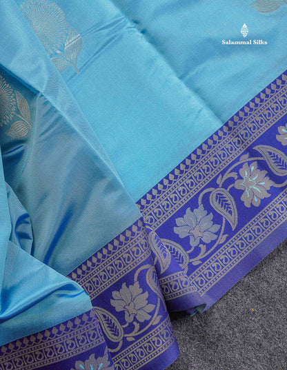 Semi Silk Saree - Peach Colour Body With Contrast Sea Blue Fancy Border