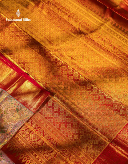 Beautiful Peach Tissue Menakari Work Bridal Pure Kanjivaram Silk Saree With Contrast Chilly Red Traditional Evening Morning Border