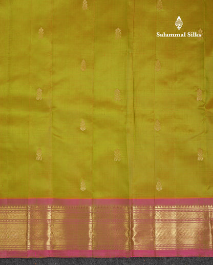 Beautiful Manthulir Yellow Pure Kanjivaram Silk Saree With Contrast Pink One Side Traditional Border