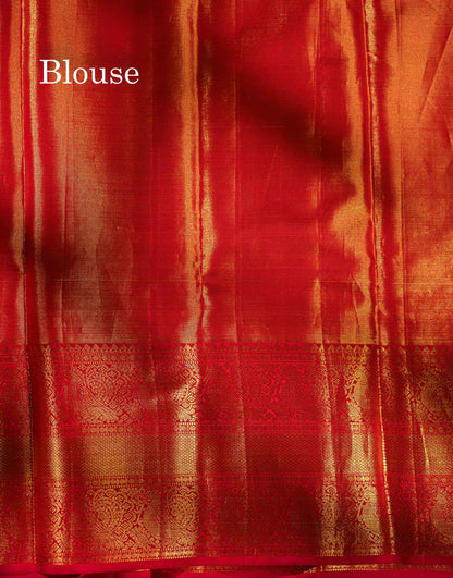 Beautiful Peach Tissue Menakari Work Bridal Pure Kanjivaram Silk Saree With Contrast Chilly Red Traditional Evening Morning Border