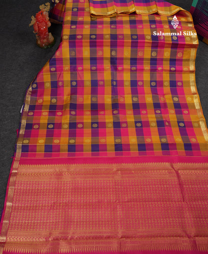 Beautiful Paalum Pazham Checks With Butta Pure Kanjivaram Silk Saree With Contrast Pink Blouse