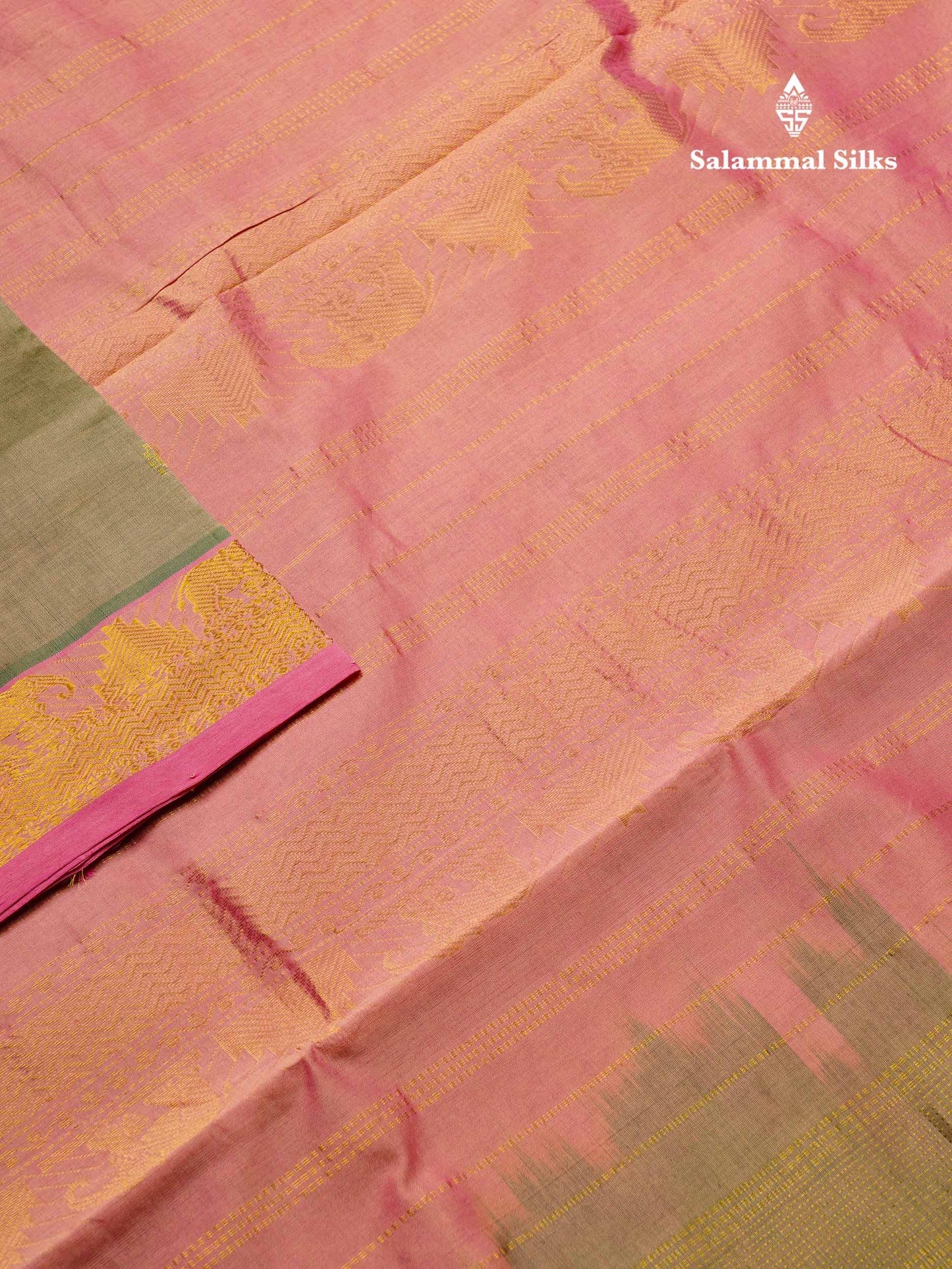 Beautiful Dual Tone Green Semi Silk Cotton Saree With Contrast Baby Pink Traditional Border