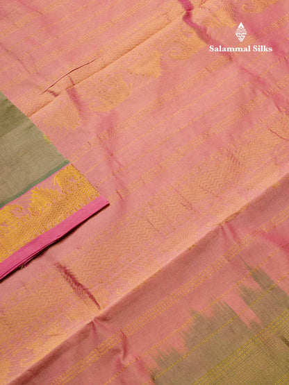 Beautiful Dual Tone Green Semi Silk Cotton Saree With Contrast Baby Pink Traditional Border