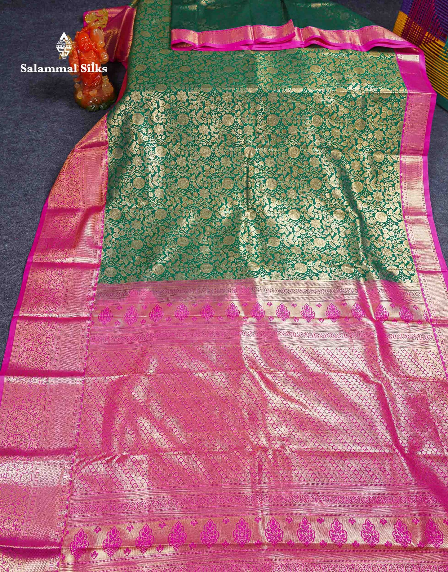 Beautiful Bottle Green Bridal Semi Silk Saree With Contrast Pink Traditional Evening Morning Border
