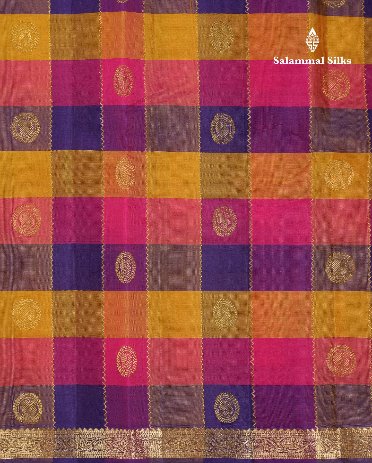 Beautiful Paalum Pazham Checks With Butta Pure Kanjivaram Silk Saree With Contrast Pink Blouse
