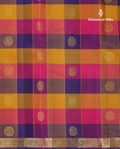 Beautiful Paalum Pazham Checks With Butta Pure Kanjivaram Silk Saree With Contrast Pink Blouse