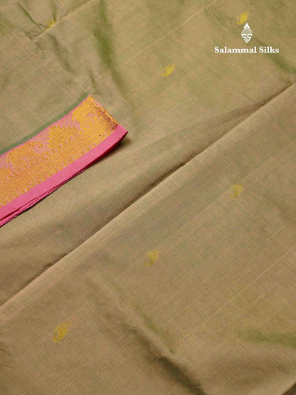 Beautiful Dual Tone Green Semi Silk Cotton Saree With Contrast Baby Pink Traditional Border