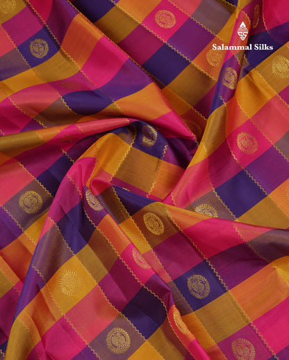 Beautiful Paalum Pazham Checks With Butta Pure Kanjivaram Silk Saree With Contrast Pink Blouse