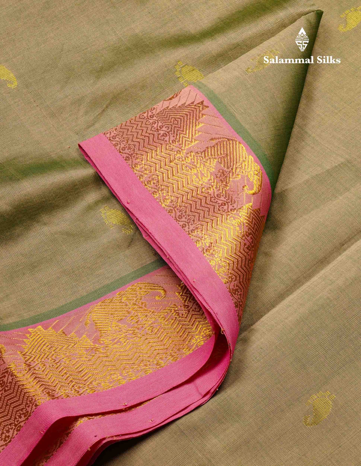 Beautiful Dual Tone Green Semi Silk Cotton Saree With Contrast Baby Pink Traditional Border