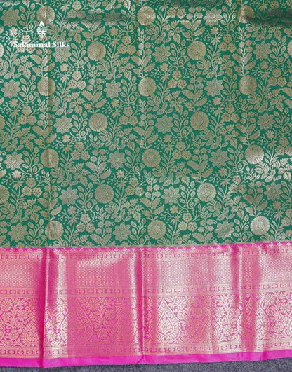 Beautiful Bottle Green Bridal Semi Silk Saree With Contrast Pink Traditional Evening Morning Border