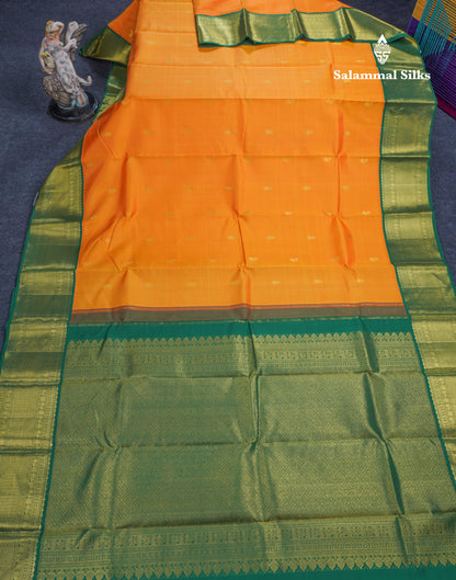 Korvai Mango Yellow Pure Kanjivaram Silk Saree With Contrast Bottle Green Traditional Border