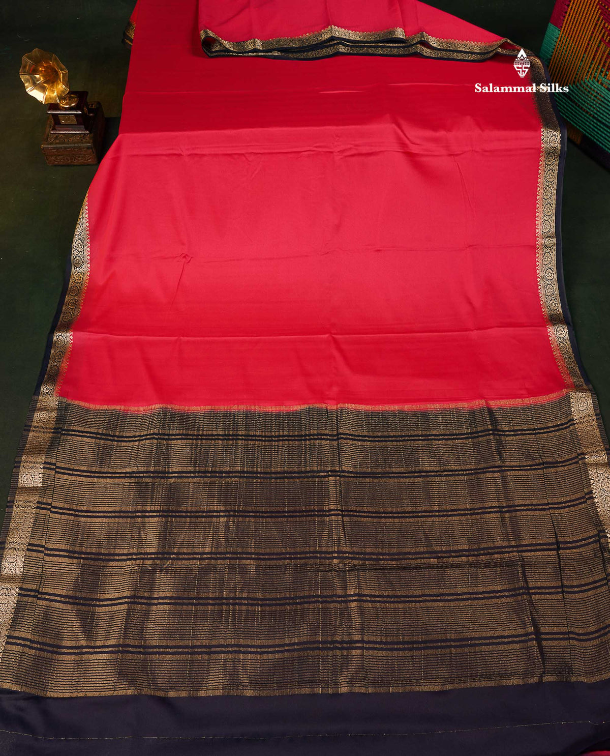 Semi Mysore Silk Saree - Pinkish Peach  Colour Body Plain With Contrast Navy Blue Small Border