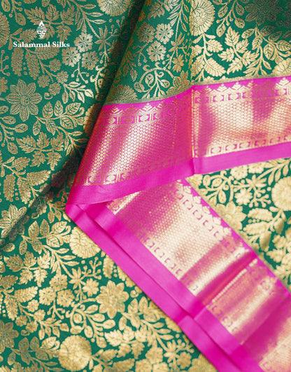 Beautiful Bottle Green Bridal Semi Silk Saree With Contrast Pink Traditional Evening Morning Border