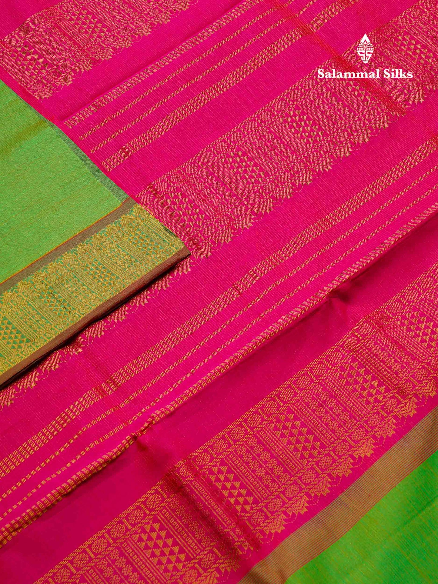Beautiful Parrot Green Vaira Oosi Lines Semi Silk Cotton Saree With Contrast Pink Blouse