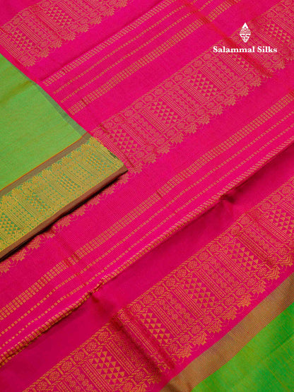Beautiful Parrot Green Vaira Oosi Lines Semi Silk Cotton Saree With Contrast Pink Blouse