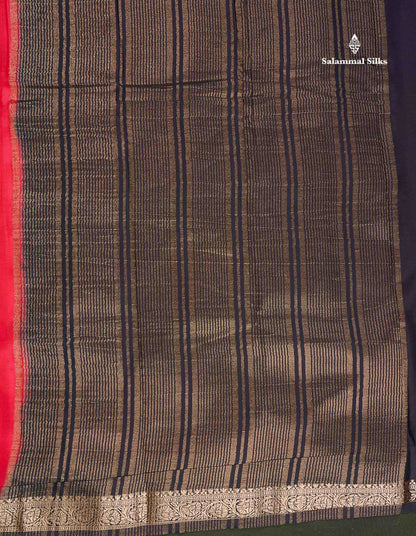 Semi Mysore Silk Saree - Pinkish Peach  Colour Body Plain With Contrast Navy Blue Small Border