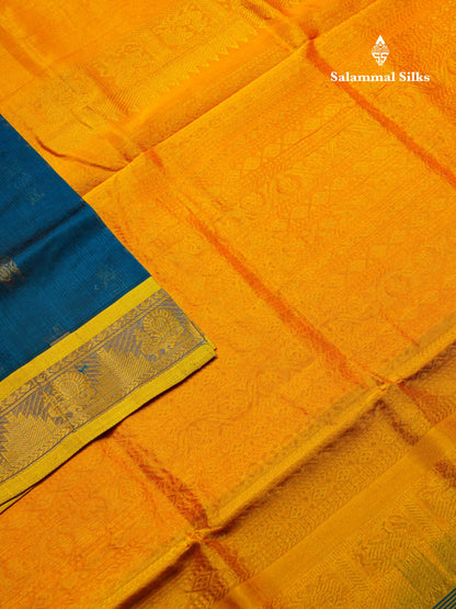 Beautiful Peacock Blue Semi Silk Cotton Saree With Contrast Yellow Traditional Border