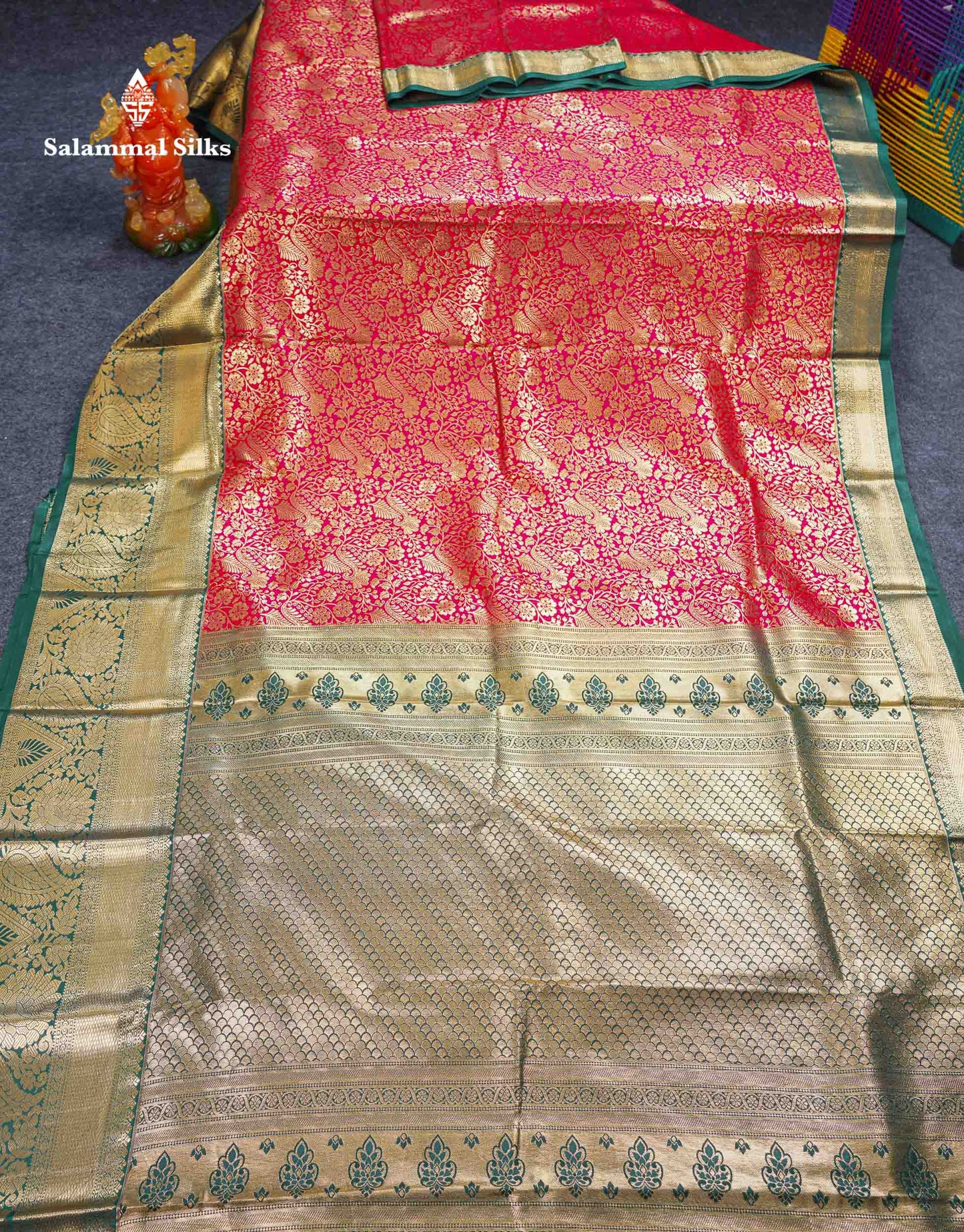 Beautiful Chilly Red Bridal Semi Silk Saree With Contrast Bottle Green Traditional Evening Morning Border
