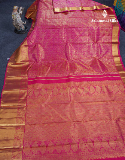 Magenta Pink Checks With Traditional Butta Pure Kanjivaram Silk Saree with Long Border