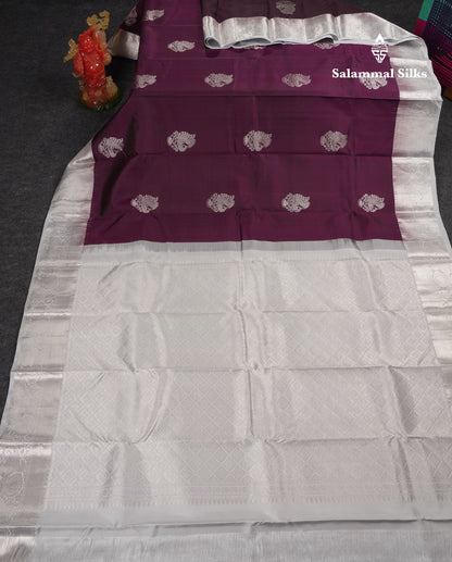 Beautiful Dark Magenta Pure Kanjivaram Silk Saree With Contrast Silver Grey Traditional Medium Border