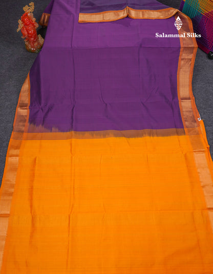 Beautiful Dark Purple Plain Semi Silk Cotton Saree With Contrast Mustard Yellow Blouse