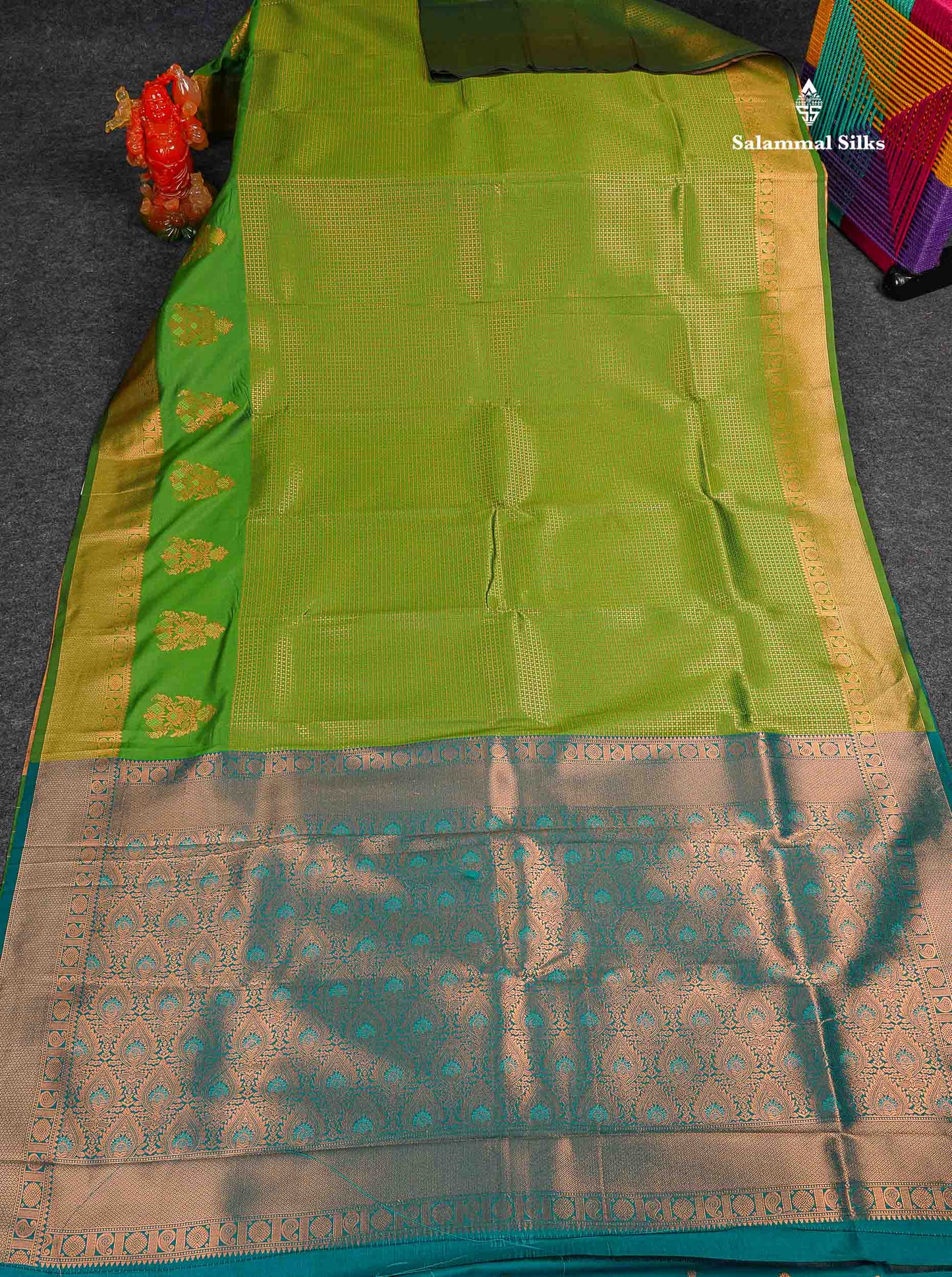 Semi Silk Saree - Parrot Green Colour Body With Contrast Teal Green Blouse