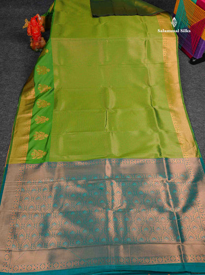Semi Silk Saree - Parrot Green Colour Body With Contrast Teal Green Blouse