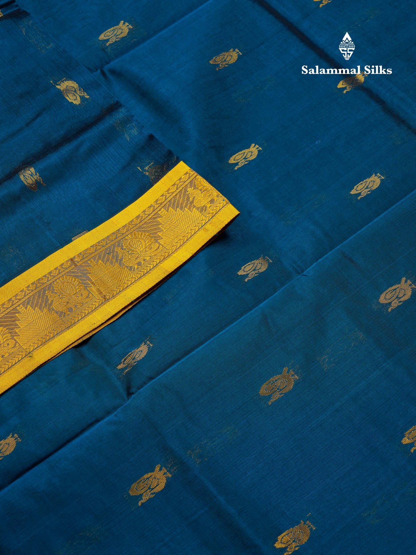 Beautiful Peacock Blue Semi Silk Cotton Saree With Contrast Yellow Traditional Border