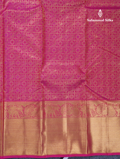 Magenta Pink Checks With Traditional Butta Pure Kanjivaram Silk Saree with Long Border