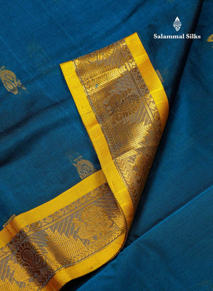Beautiful Peacock Blue Semi Silk Cotton Saree With Contrast Yellow Traditional Border